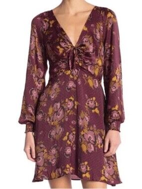Free People Morning Light Floral Print Mini Peasant Dress 6 Purple Boho